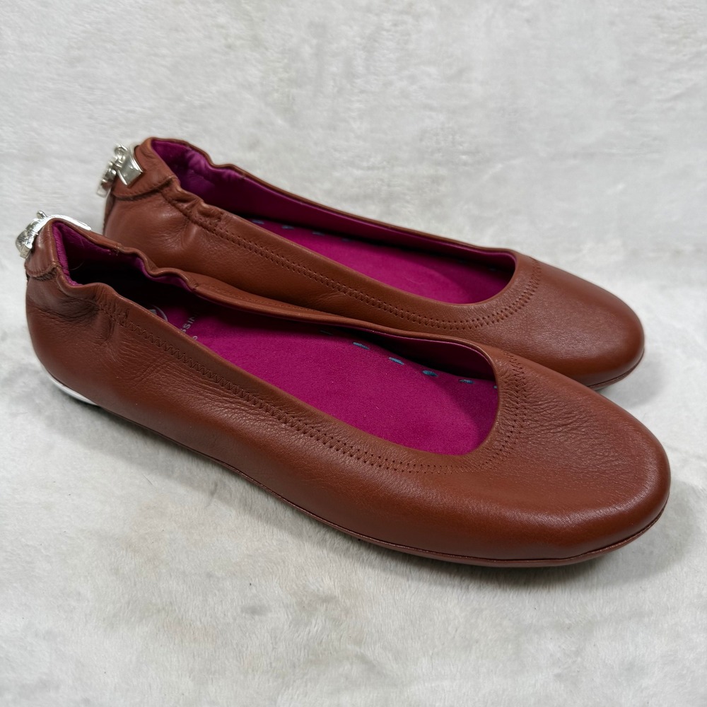 Soto Massini Milano Cognac Brown Leather Ballet Flats Silver Padlock Heel Sz9-10